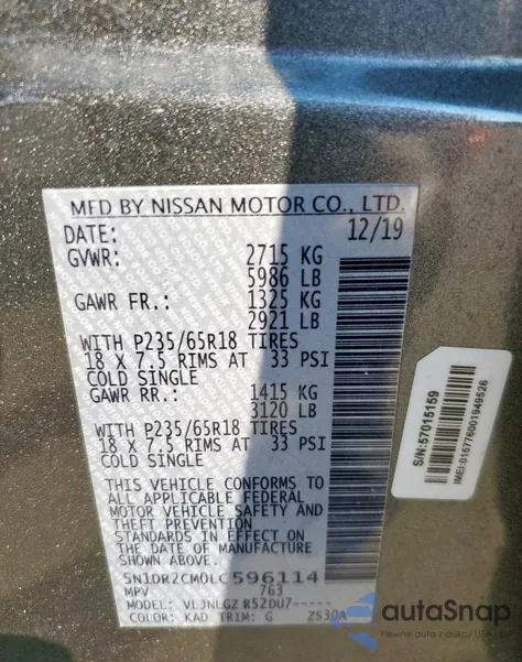 2020 Nissan Pathfinder Sl z USA, uszkodzony, nr VIN 5N1DR2CM0LC596114